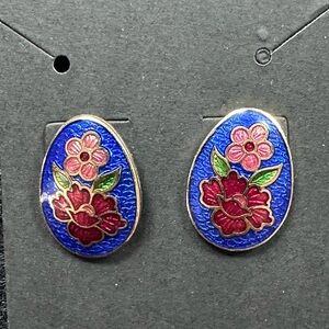Floral Cloisonné Enamel Pierced Earrings in Blue and Red